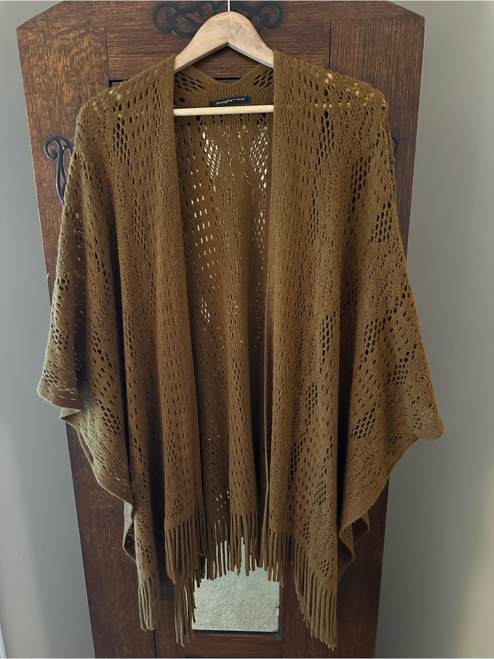 Do Everything In Love Brown Boho Fringe Knit Poncho Sweater One Size